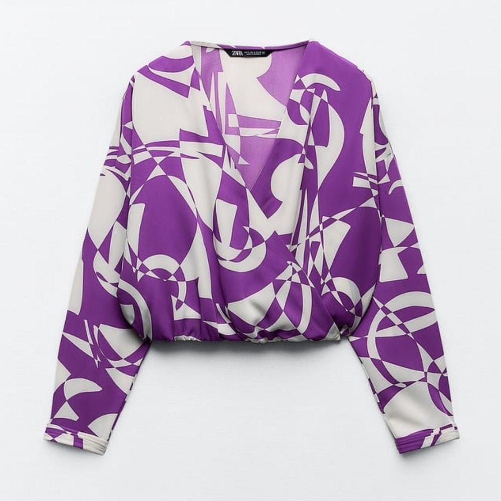 NWT ZARA LONG SLEEVE PURPLE V-NECK CROPPER BLOUSE XS